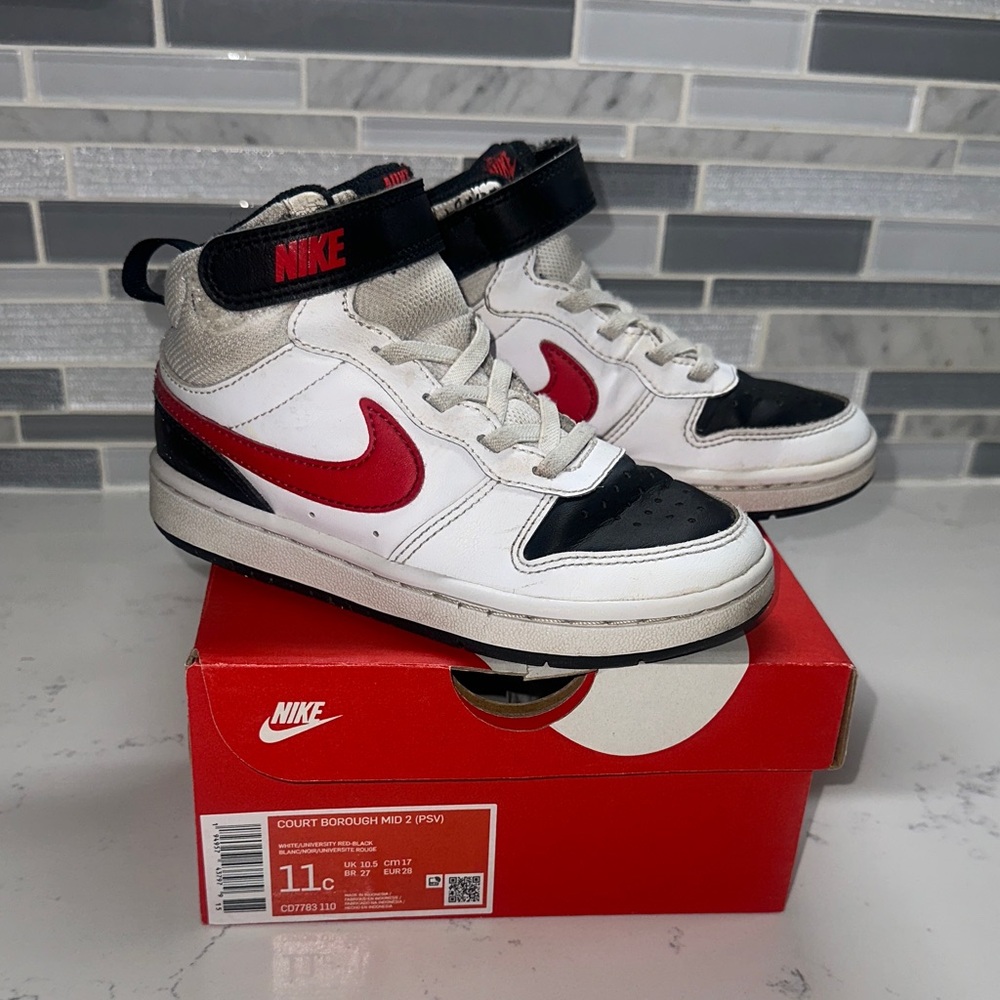 Kids Nike Borough Mid 2 kids size 11c White/Black/Red